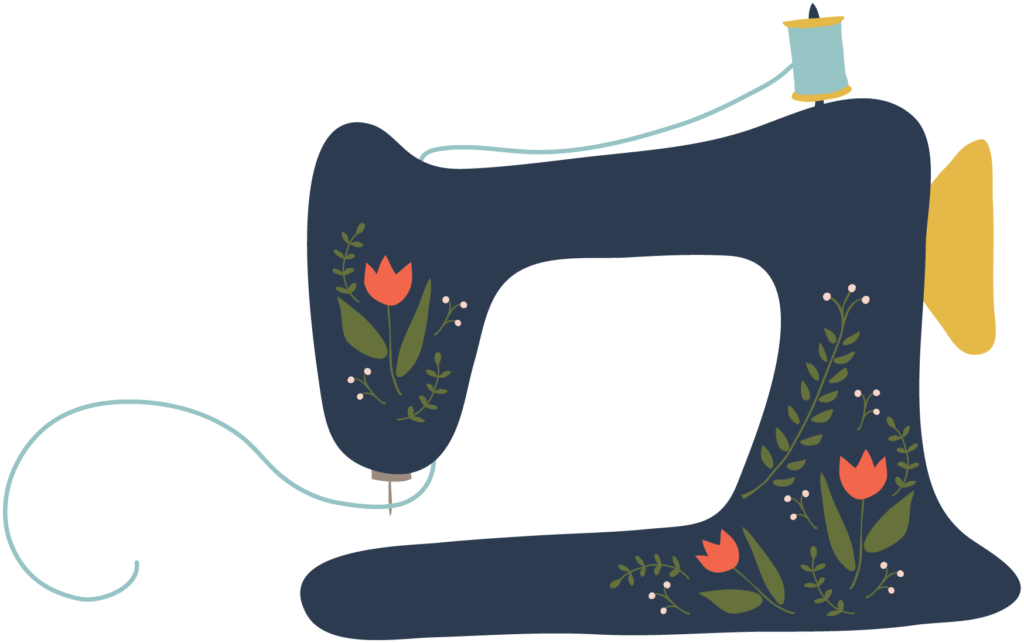 Navy Blue Sewing Machine Illustration With Colorful Floral Decoration PNG