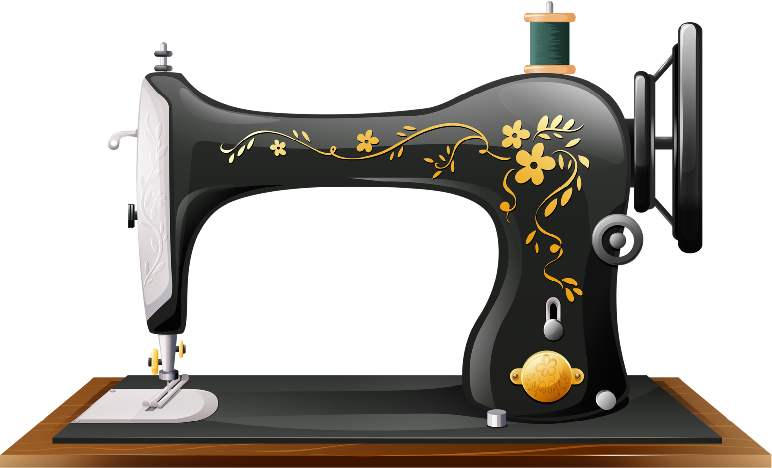 Ornate Black And Gold Singer Sewing Machine On Wood Base PNG Product Image