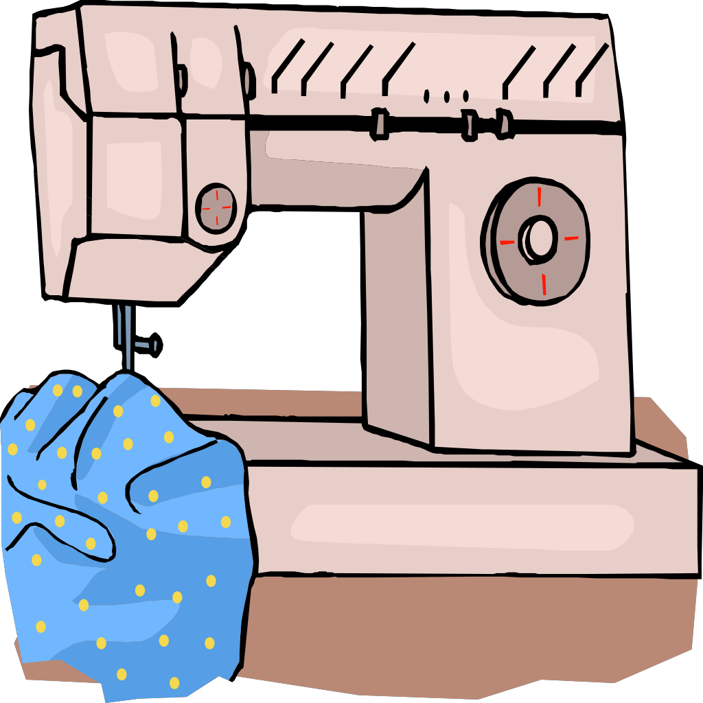 Pink Sewing Machine Cartoon With Blue Fabric Under The Needle PNG Illustration