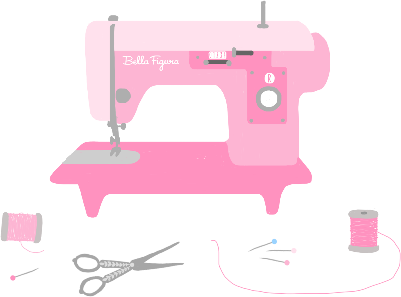 Pink Sewing Machine Sewing Kit With Scissors Pins And Thread PNG Illustration