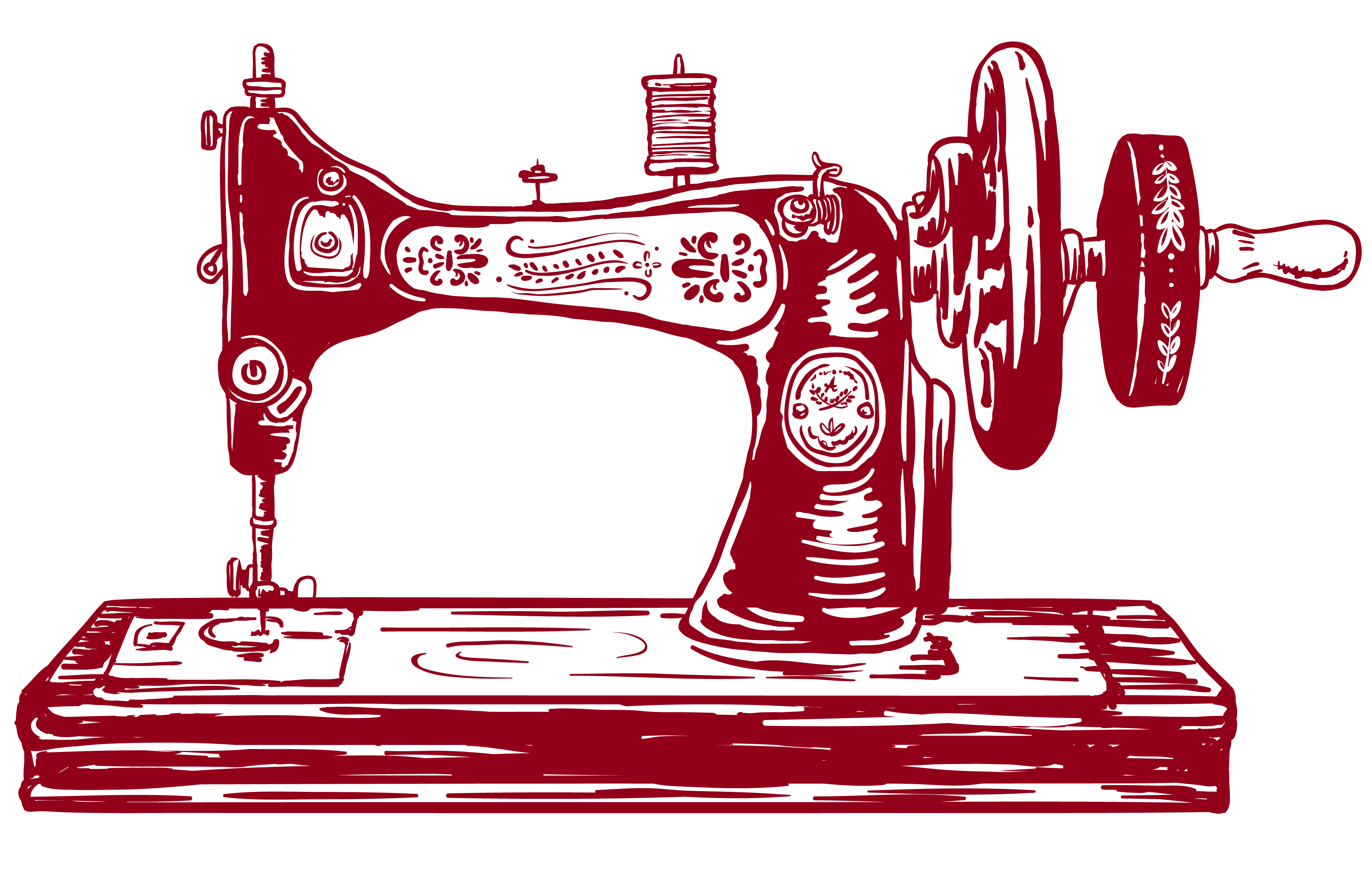 Red Ornate Vintage Sewing Machine Line Art With Decorative Scrollwork PNG