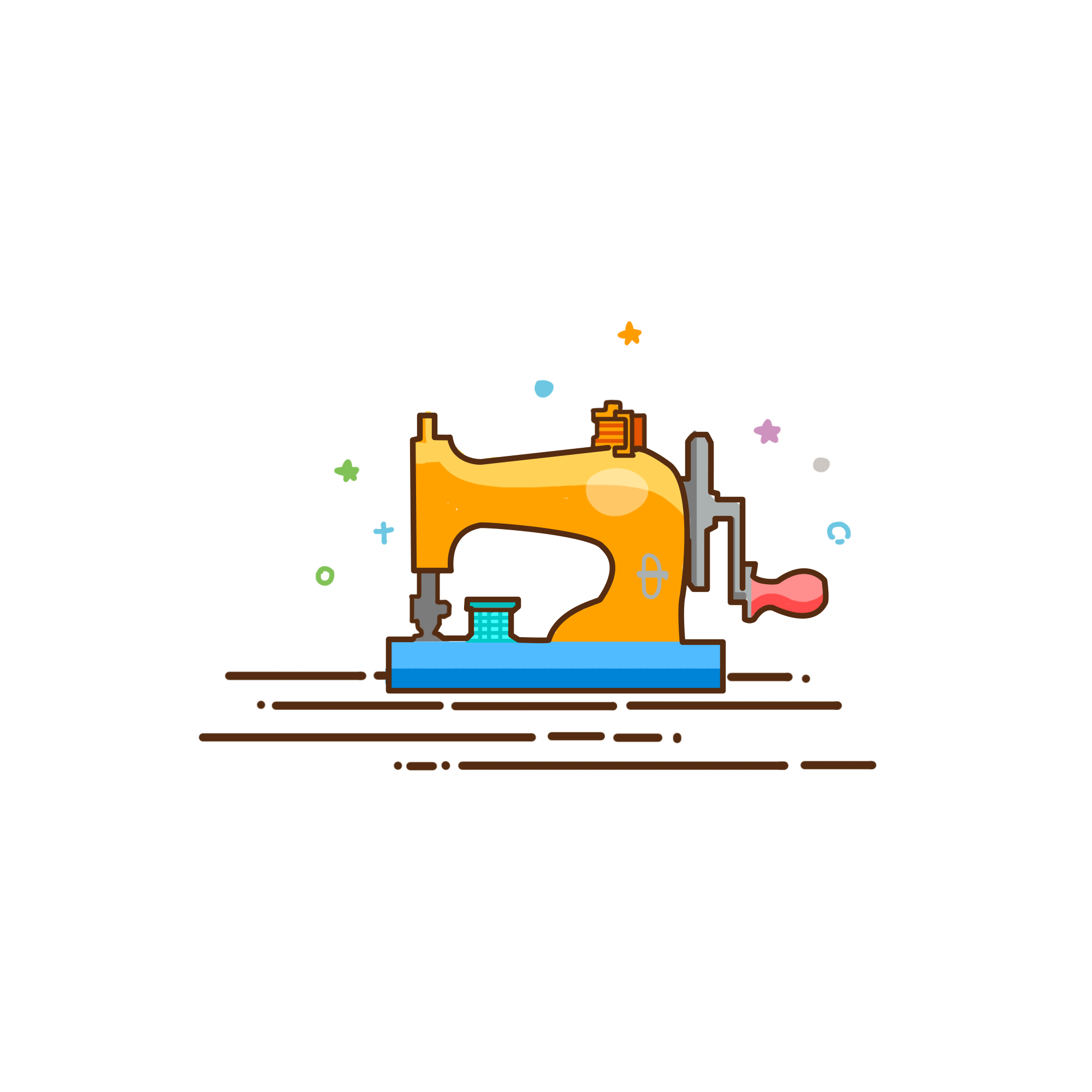 Small Colorful Sewing Machine Illustration With Thread And Stitch Marks PNG