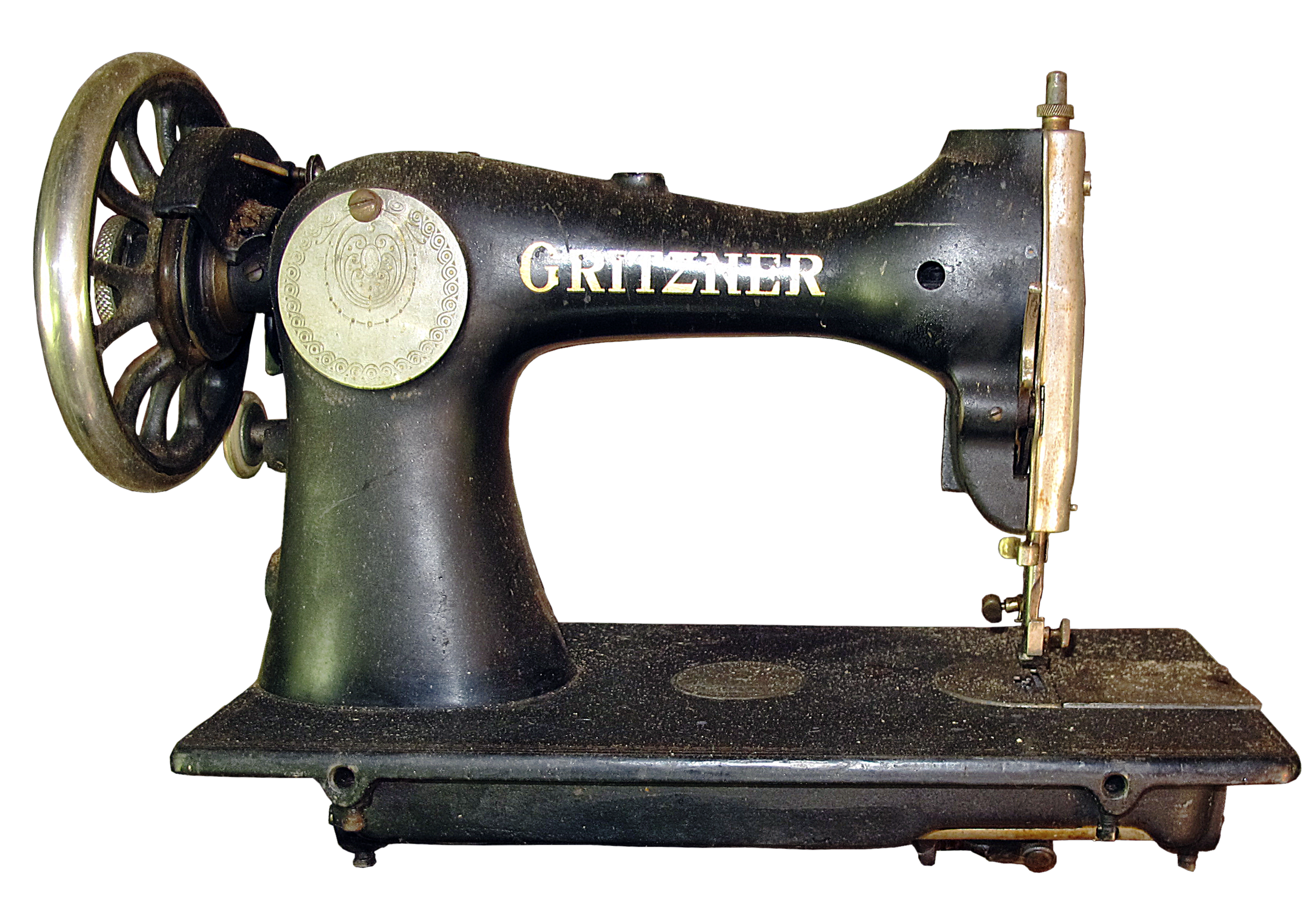 Vintage Black Cast Iron Sewing Machine With Ornate Gold Details PNG Product Photo