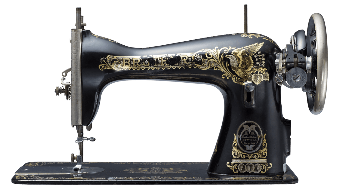Vintage Black Sewing Machine With Gold Floral Engraving And Metal Base PNG