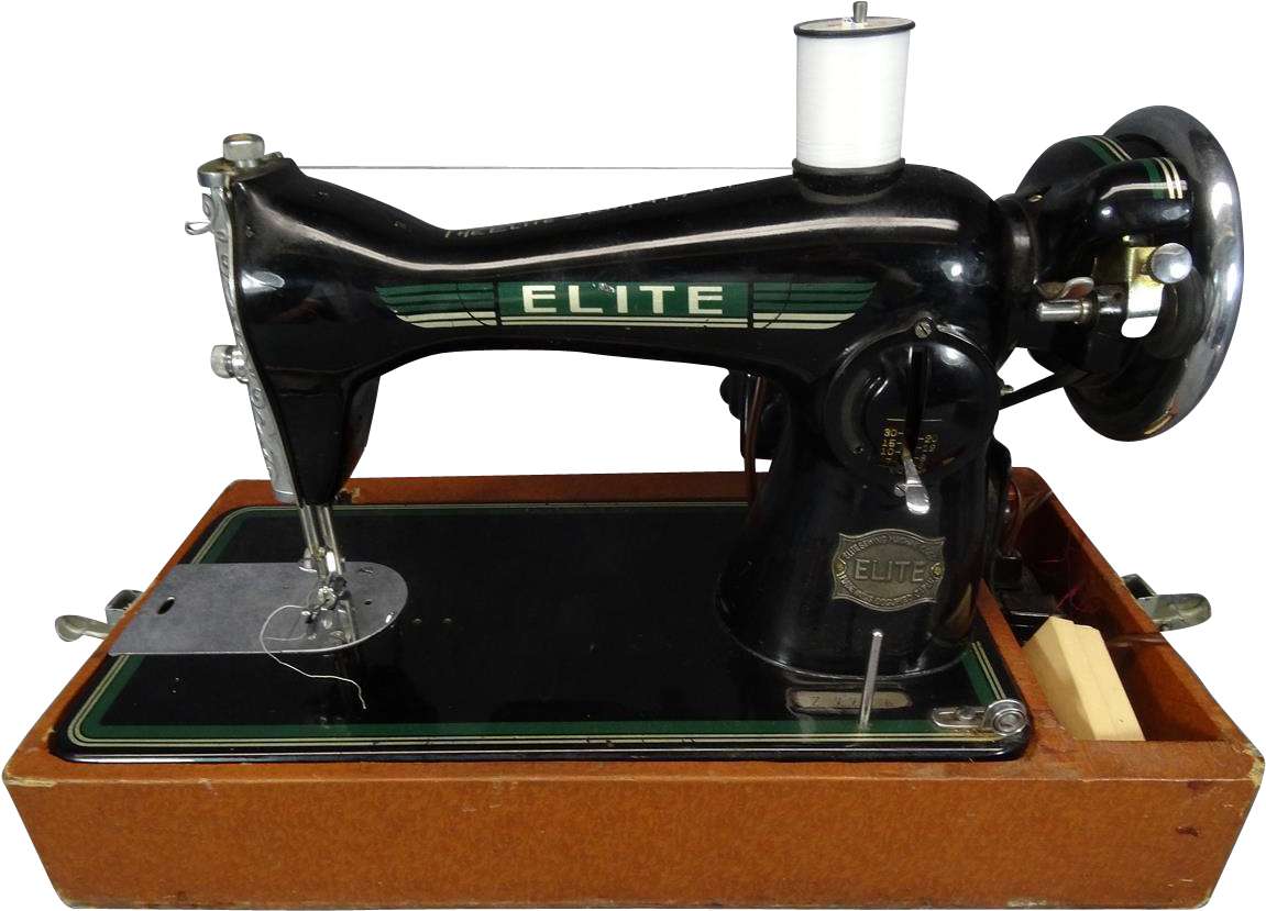 Vintage Elite Sewing Machine With Black Body And Wooden Base PNG Photo