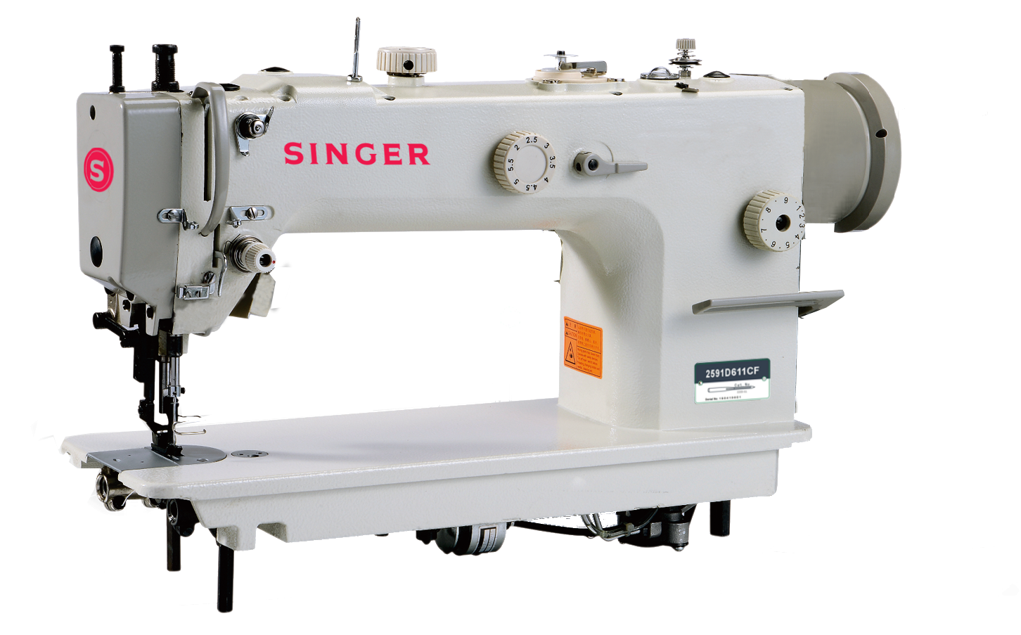 White Industrial Sewing Machine With Long Work Surface And Thread Stand PNG