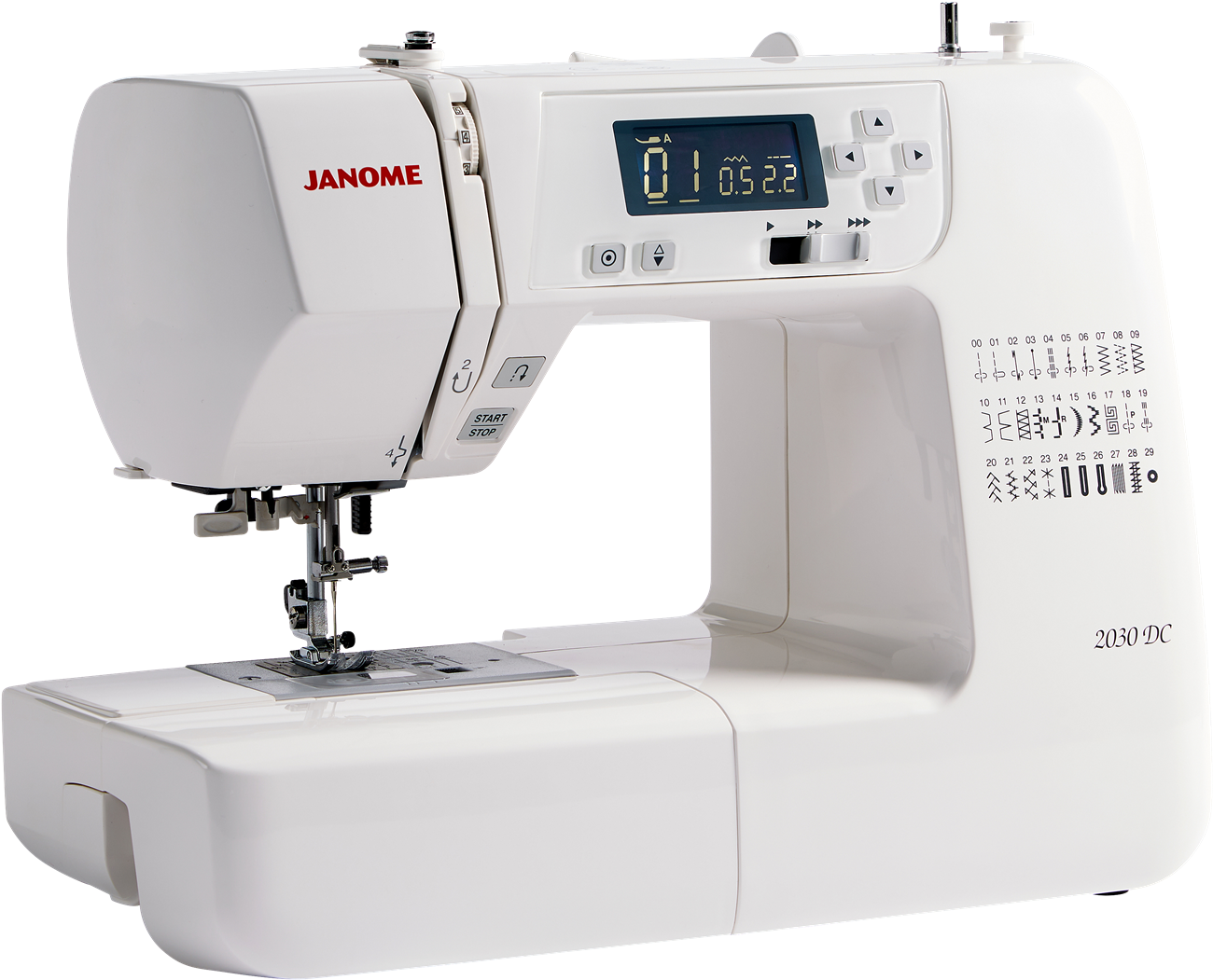 White Janome Computer Sewing Machine With Digital Stitch Display PNG Image