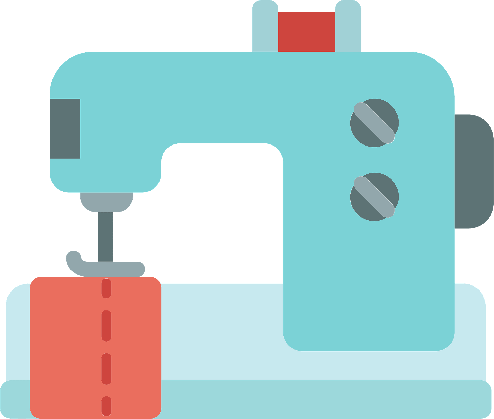 Teal And Mint Sewing Machine Illustration With Red Fabric Under Needle PNG