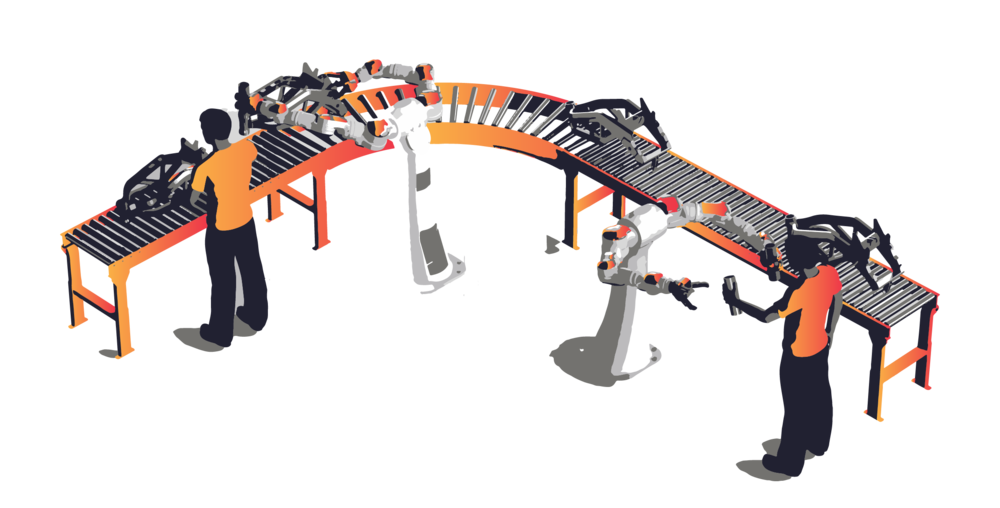 Automated Industrial Robot Arms Working Along Factory Assembly Line PNG Photo