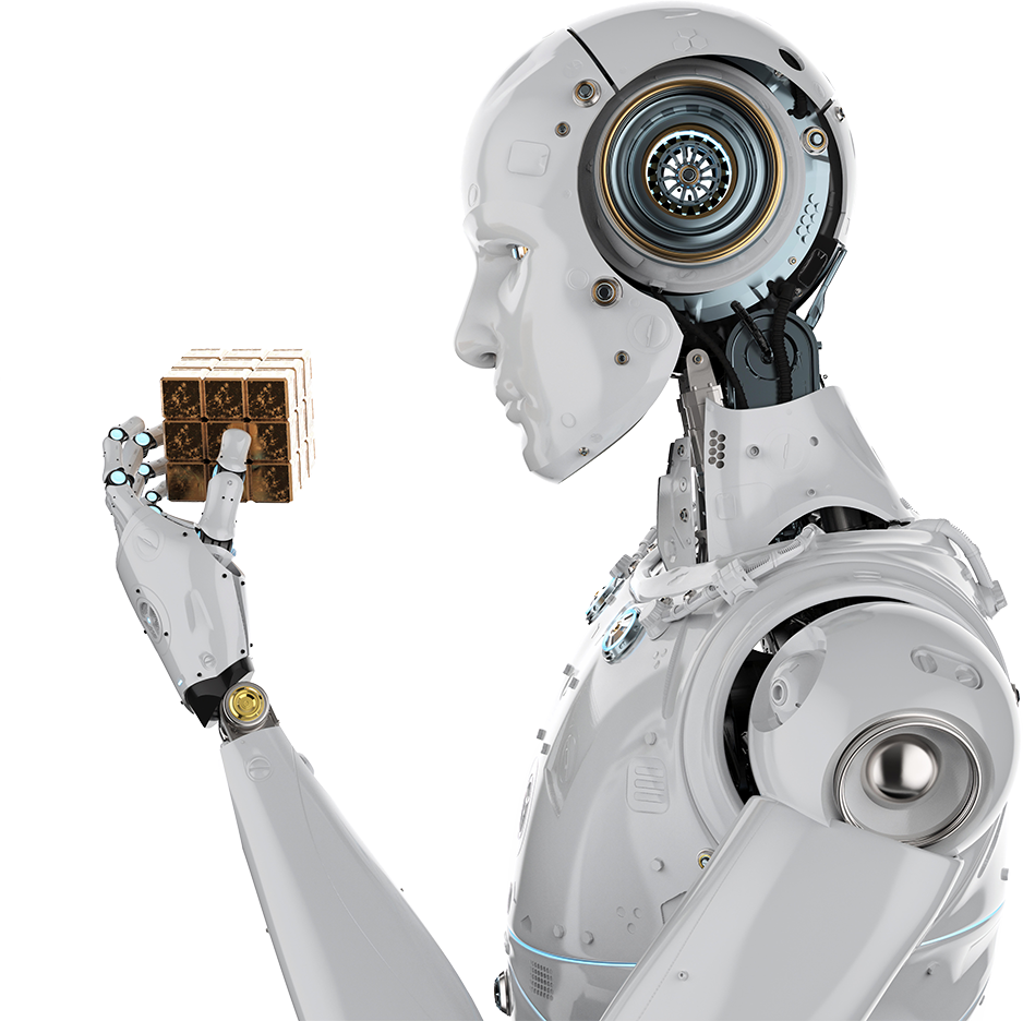 Close Up White Humanoid Robot Raising Mechanical Hand PNG Product Image