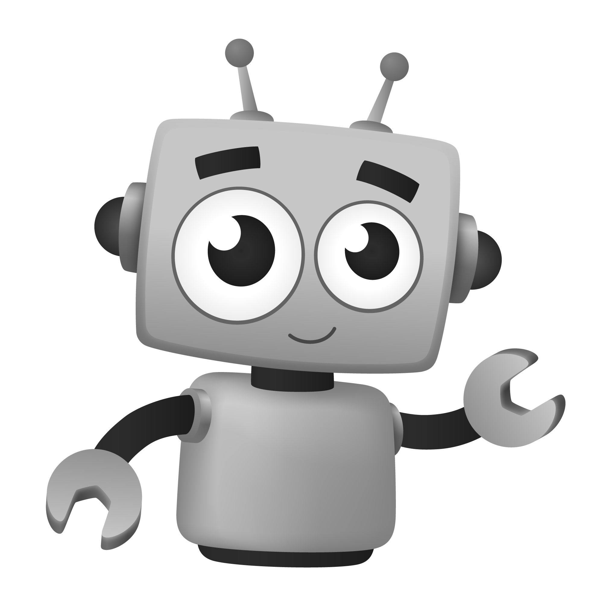 Cute Gray Cartoon Robot With Oversized Eyes And Open Arms PNG Illustration