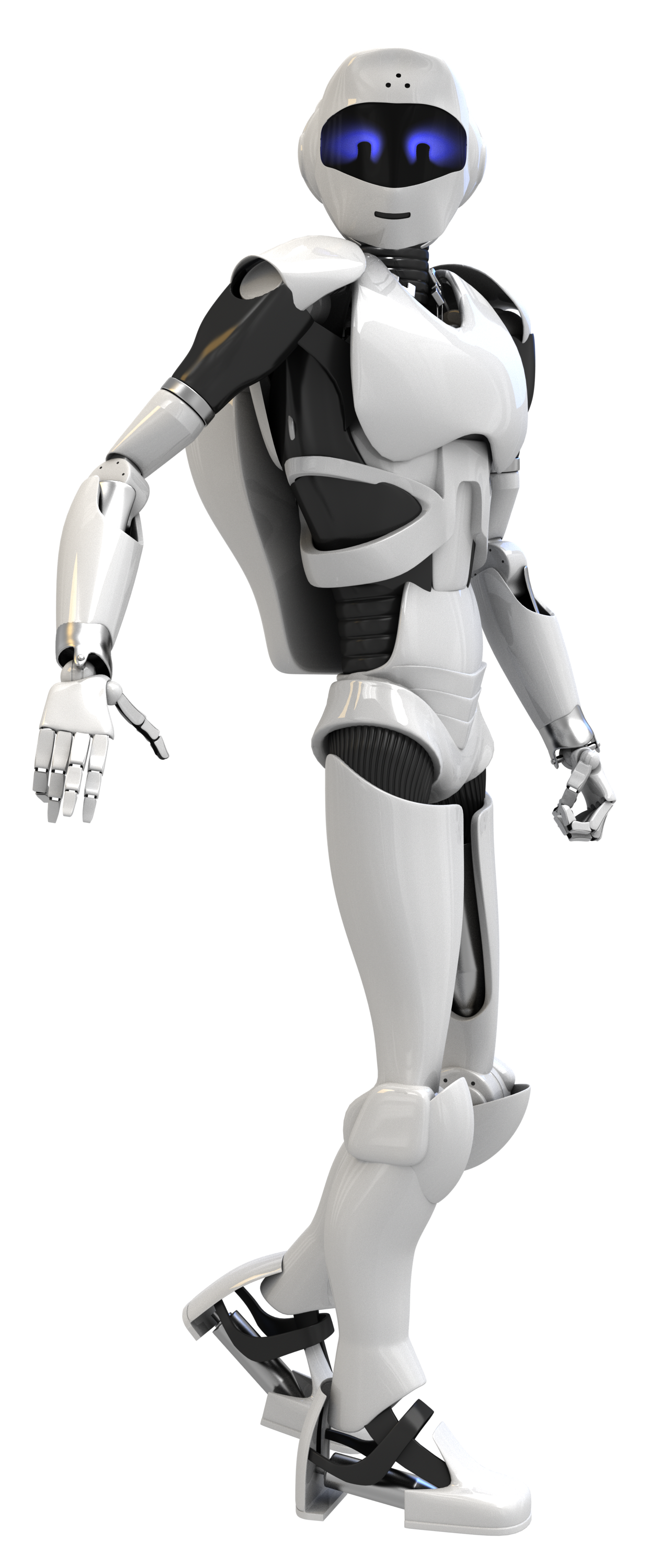 Full Body White Humanoid Robot Standing With Blue Sensor Visor PNG Image