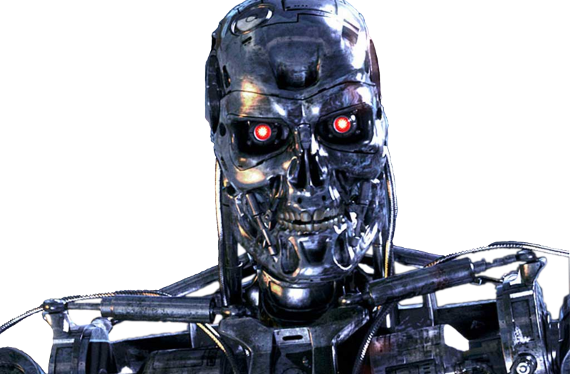 Futuristic Chrome Cyborg Robot Head With Glowing Red Eyes PNG Image
