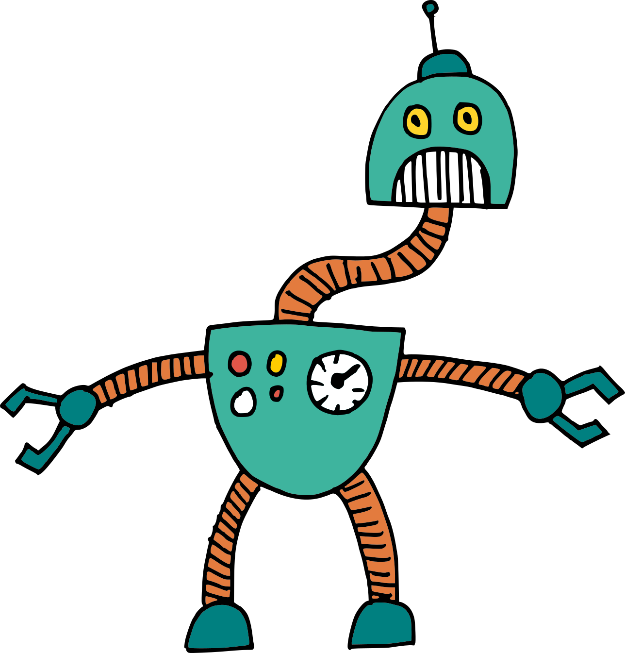 Green And Orange Vintage Tin Robot Cartoon With Striped Limbs PNG