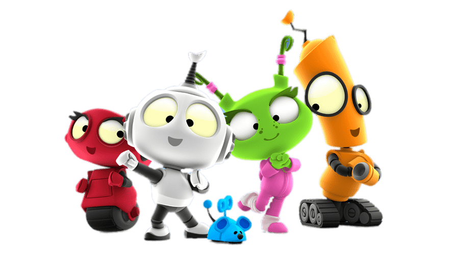 Group Of Colorful Cute Robot Mascots Standing Together PNG Illustration