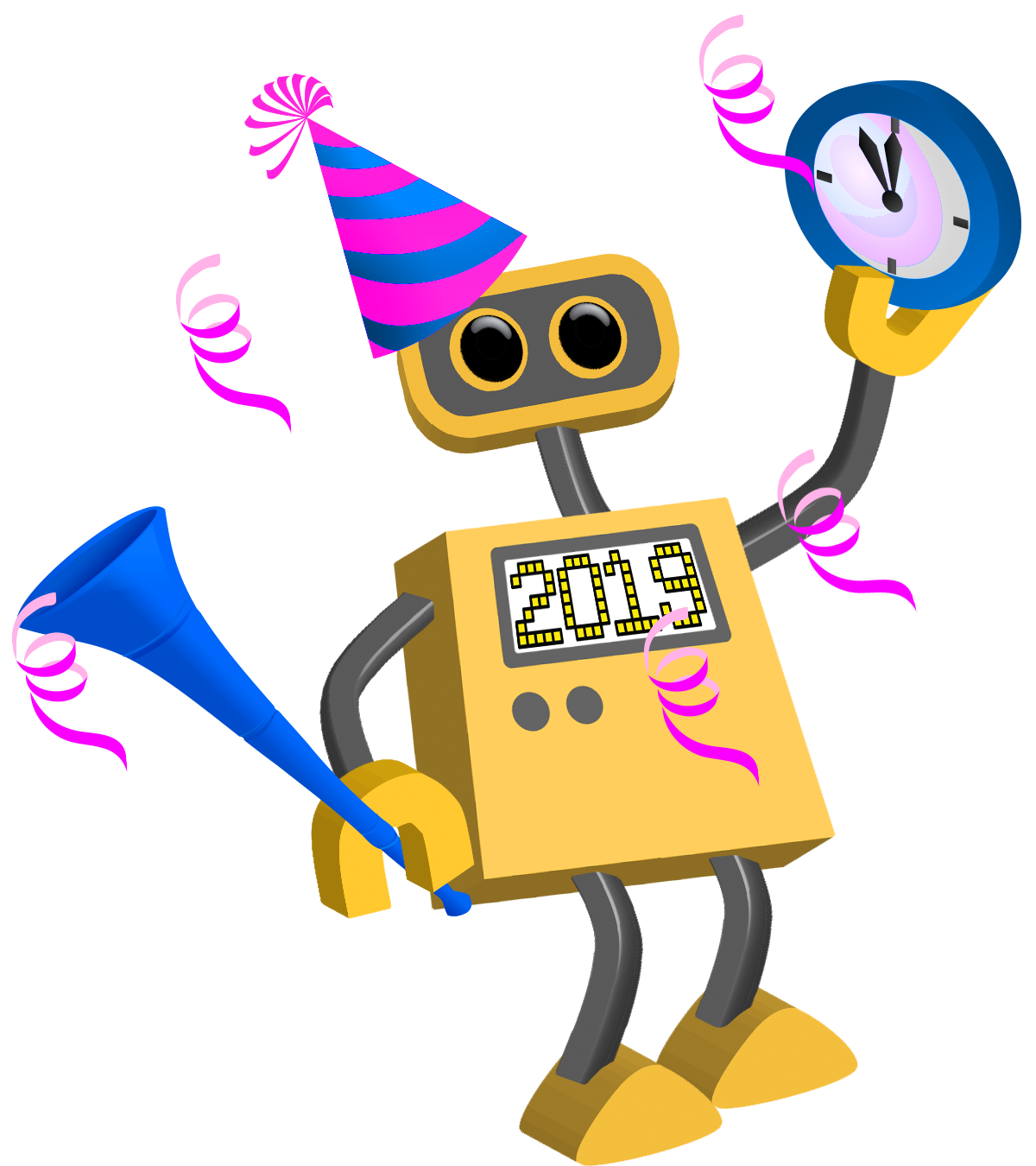 Happy Yellow Cartoon Robot Celebrating With Party Hat And Horn PNG