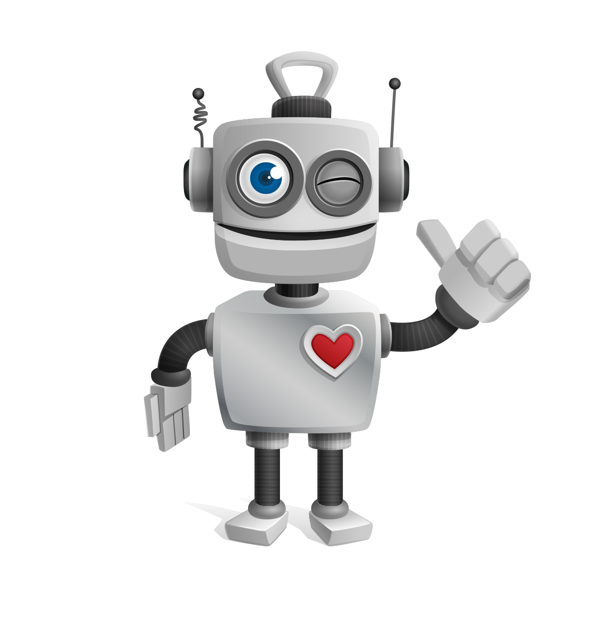 Small Silver Robot Mascot With Red Heart Emblem And Raised Hand PNG