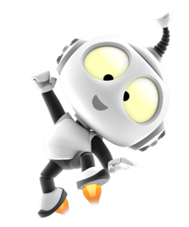 Small White Robot Flying With Rocket Boosters And Arms Raised PNG