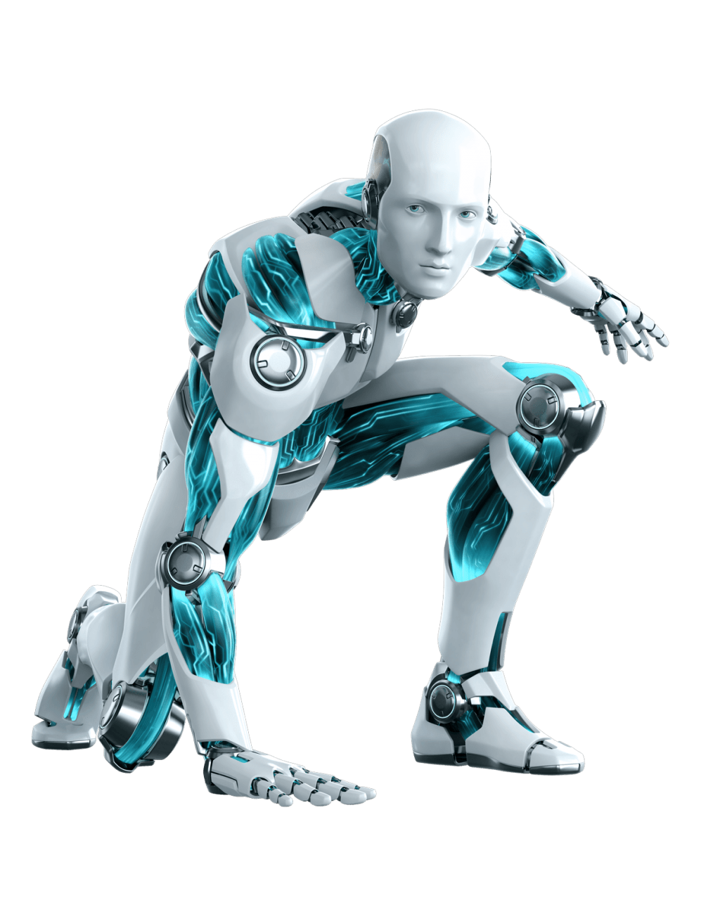 White And Teal Humanoid Robot Crouching In Dynamic Pose PNG Image