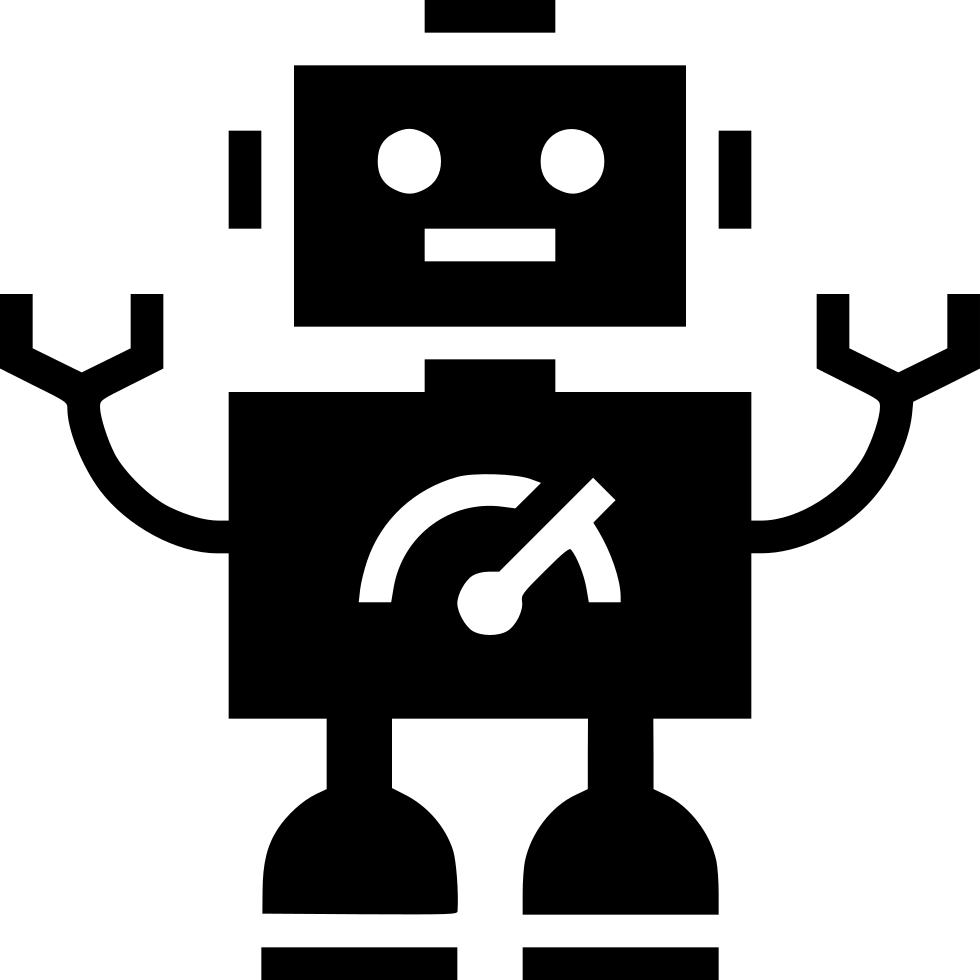Black Robot Icon With Gauge Display And Raised Mechanical Arms PNG Graphic