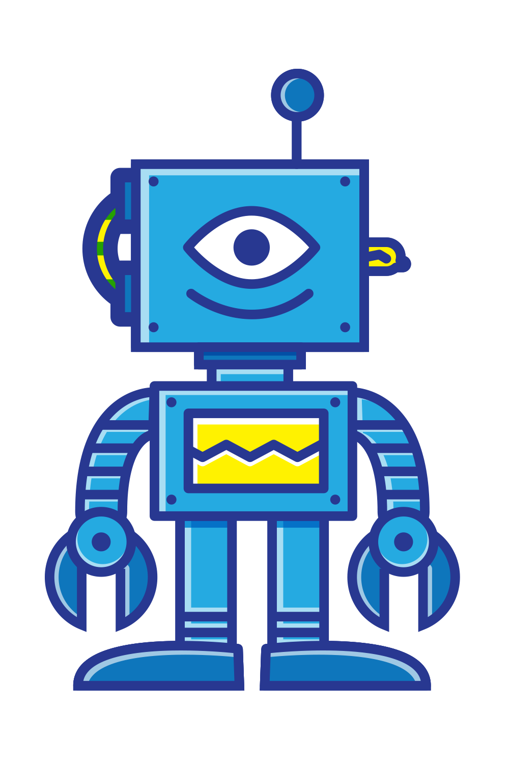 Blue Cartoon Robot With Antenna And Yellow Chest Panel PNG Character