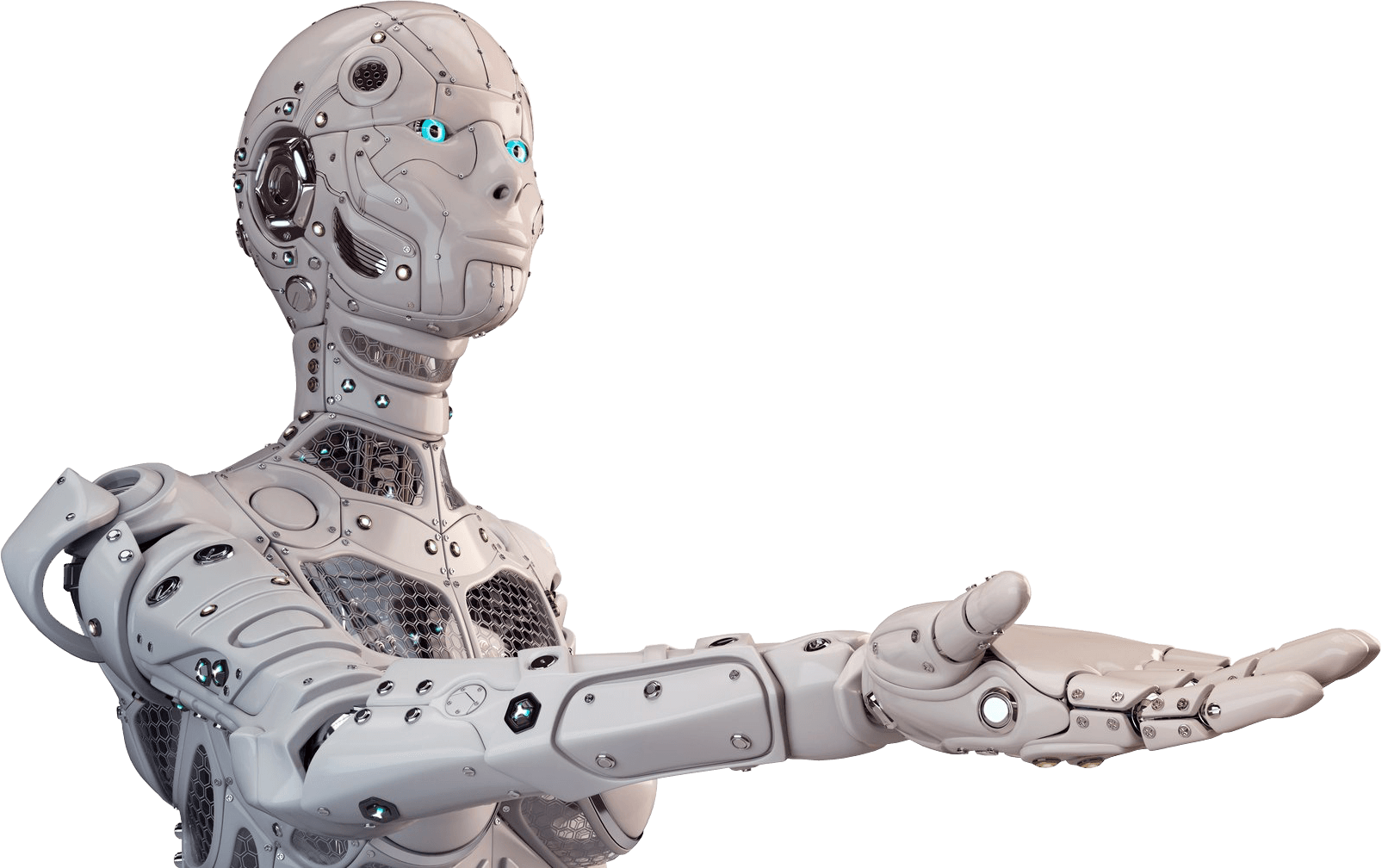Friendly Silver Robot Sitting With One Hand Reaching Out PNG Illustration