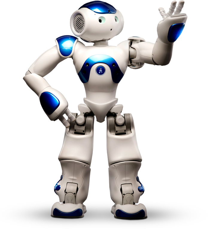 Friendly White Humanoid Robot Waving With Blue Chest Details PNG Character