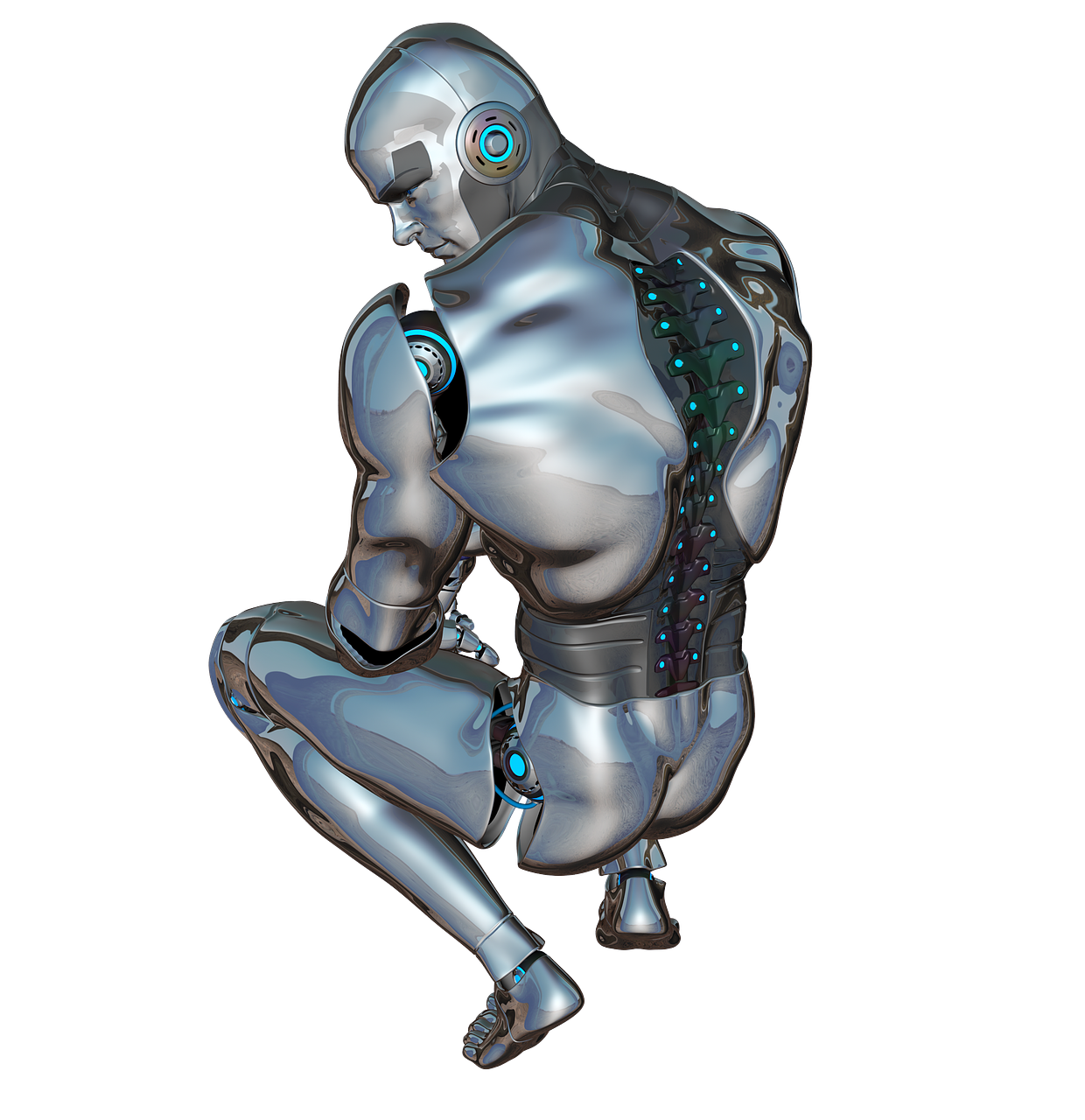 Seated Silver Humanoid Robot With Folded Legs And Metallic Shell PNG Image