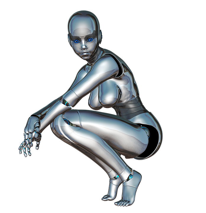 Silver Humanoid Cyborg Crouching With One Hand Near The Floor PNG Image