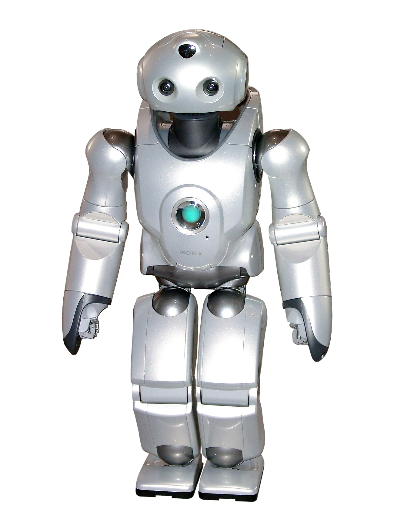 Silver Humanoid Service Robot Standing With Blue Chest Sensor PNG Photo