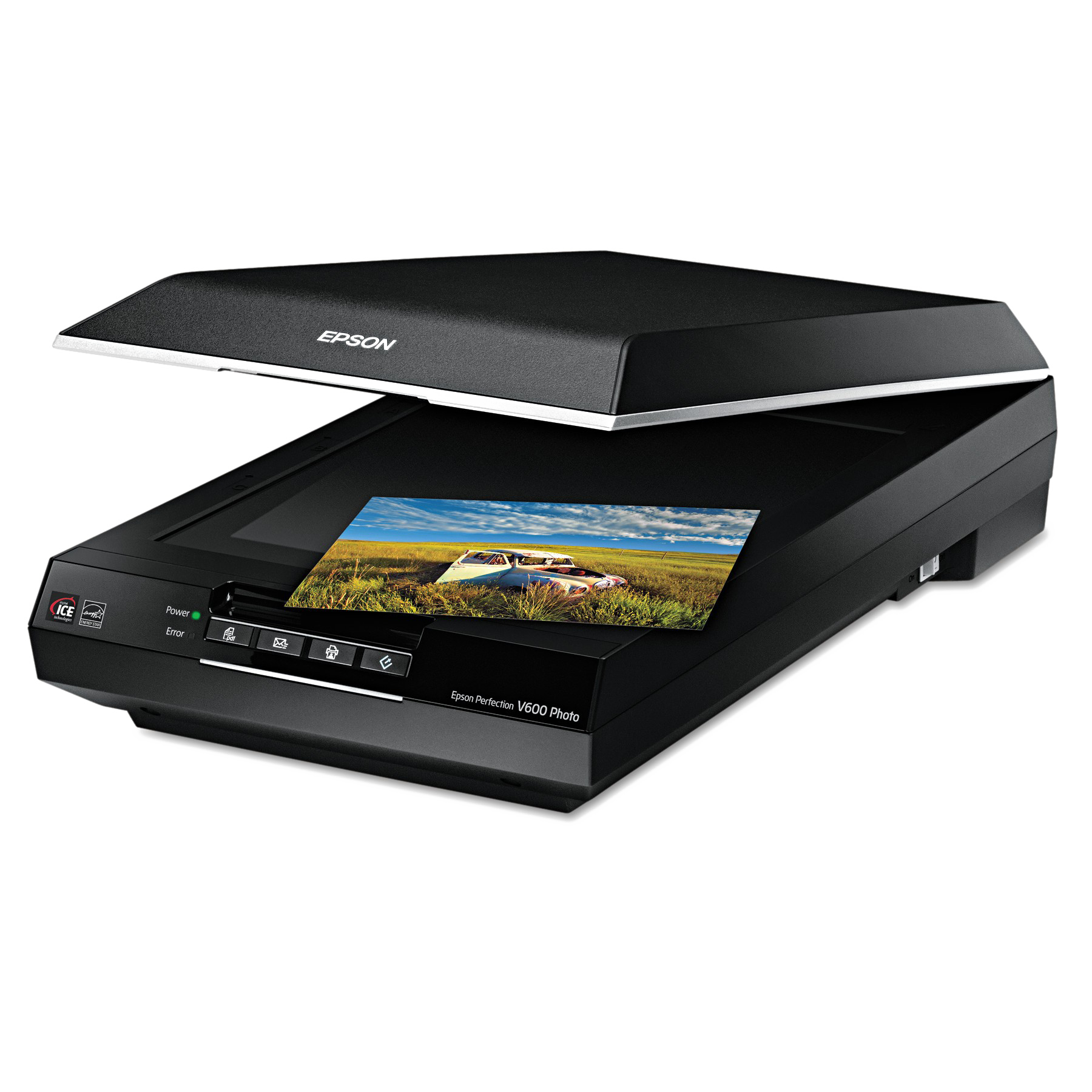 Black Epson Photo Scanner With Open Flatbed And Color Image PNG Photo