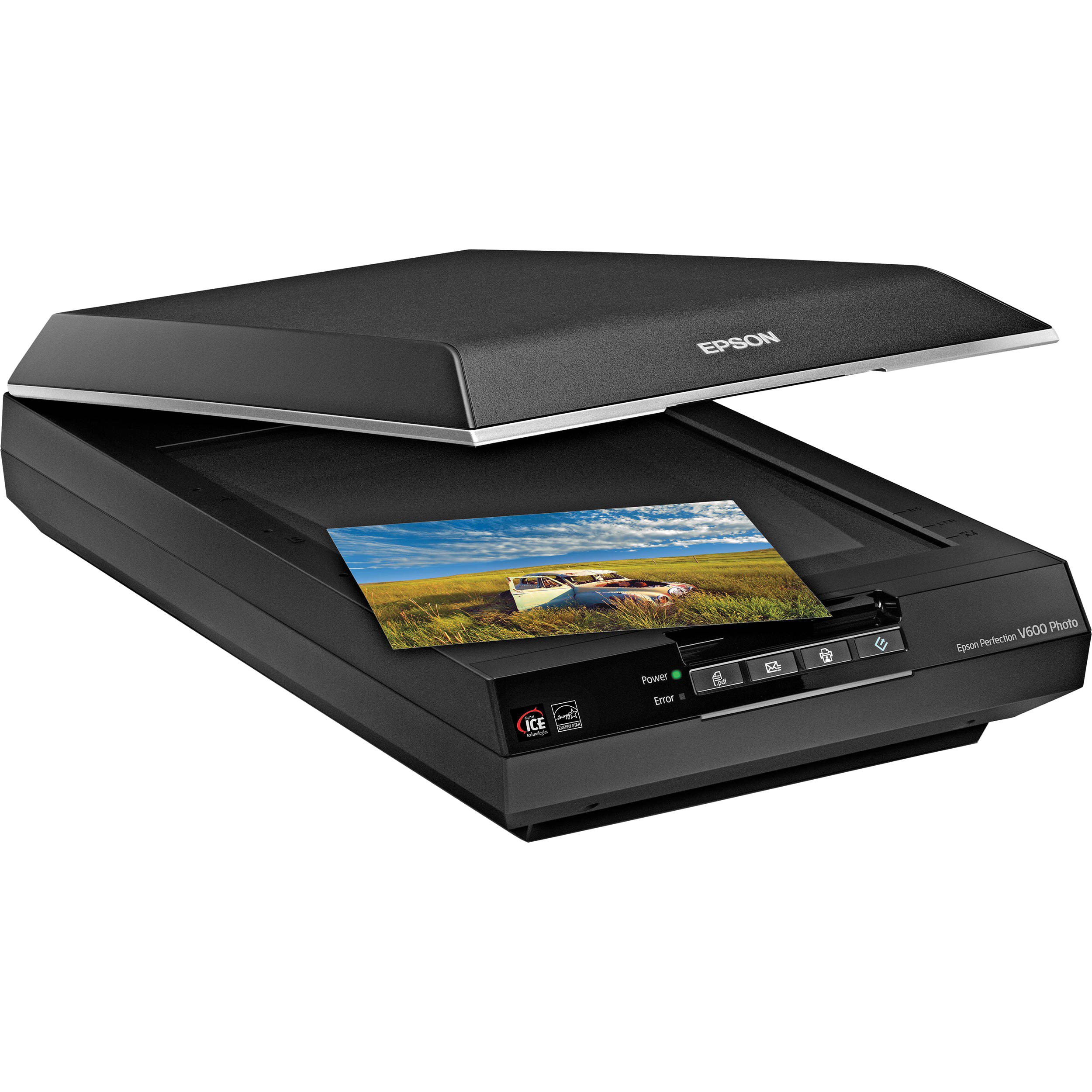 Black Flatbed Scanner With Open Lid And Glass Scanning Surface PNG Image