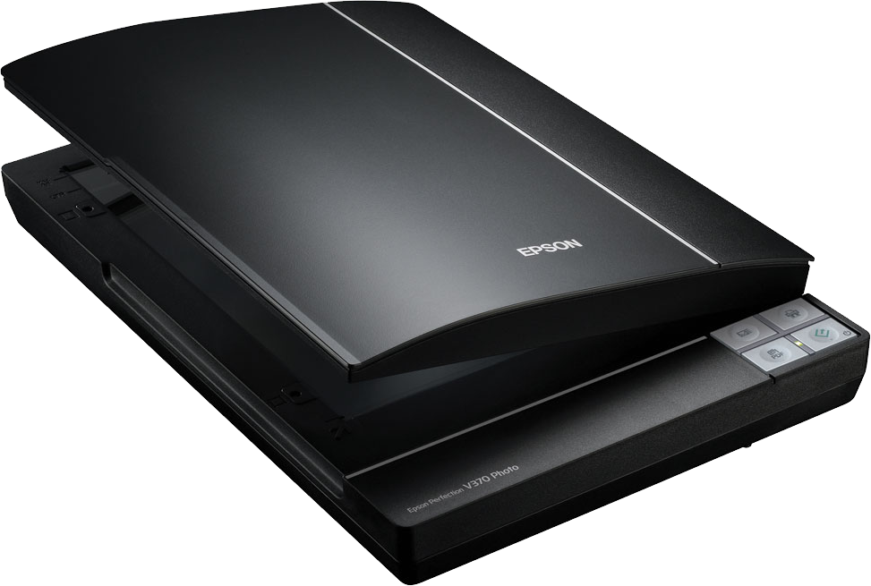 Black Flatbed Scanner With Raised Glass Cover In Perspective PNG Product Photo