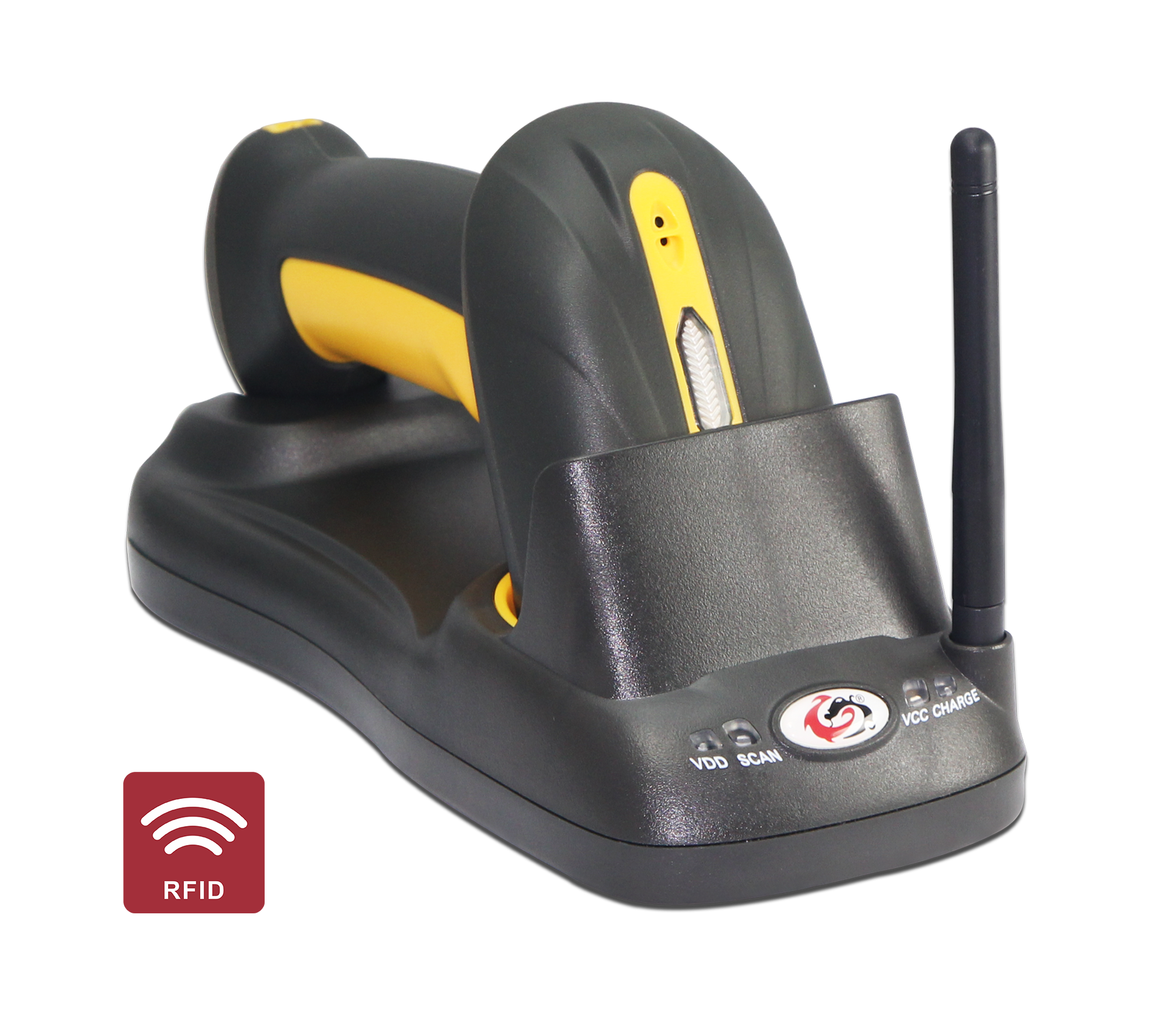 Cordless Yellow And Black Barcode Scanner In Desktop Charging Dock PNG Photo