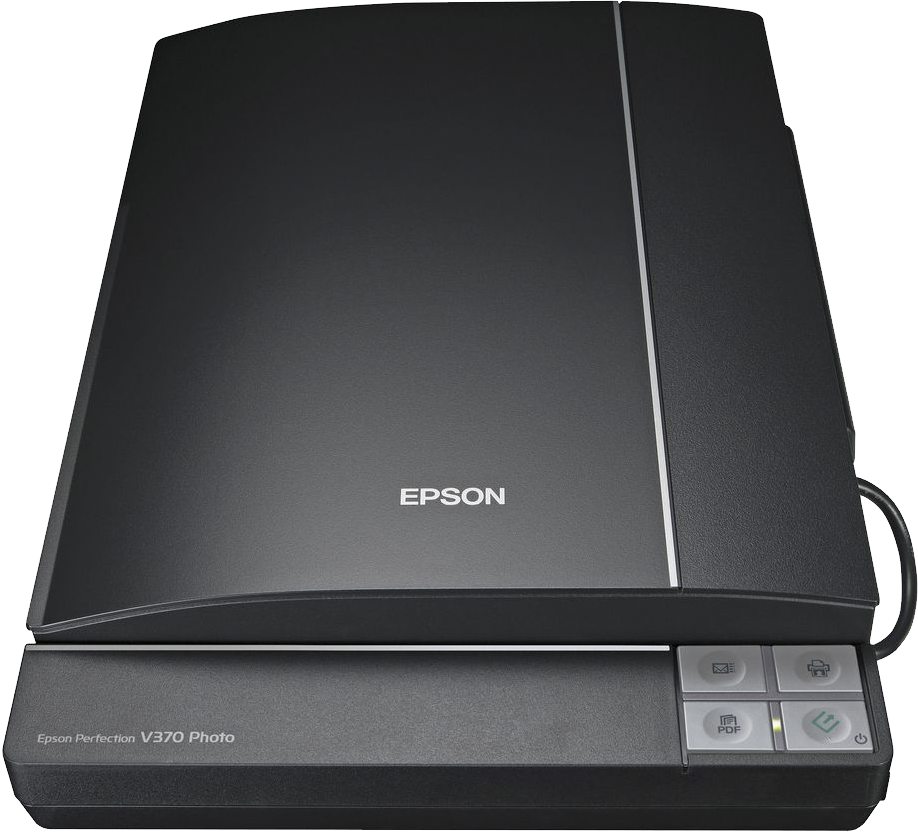 Dark Gray Epson Flatbed Document Scanner With Front Control Panel PNG