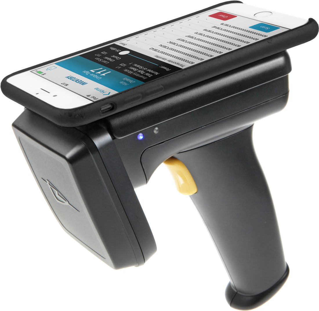 Mobile RFID Barcode Scanner With Touchscreen And Hand Grip PNG Photo