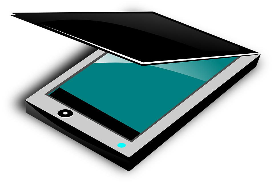 Open Tablet Style Flatbed Scanner With Teal Glass Surface PNG Image