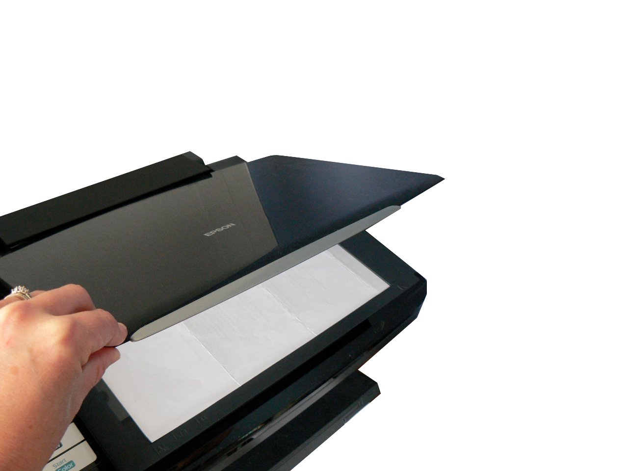 Person Opening Flatbed Scanner Lid For Document Scanning PNG Photo