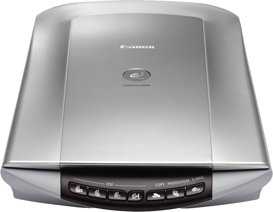 Silver Canon Flatbed Scanner With White Glass Cover PNG Product Image