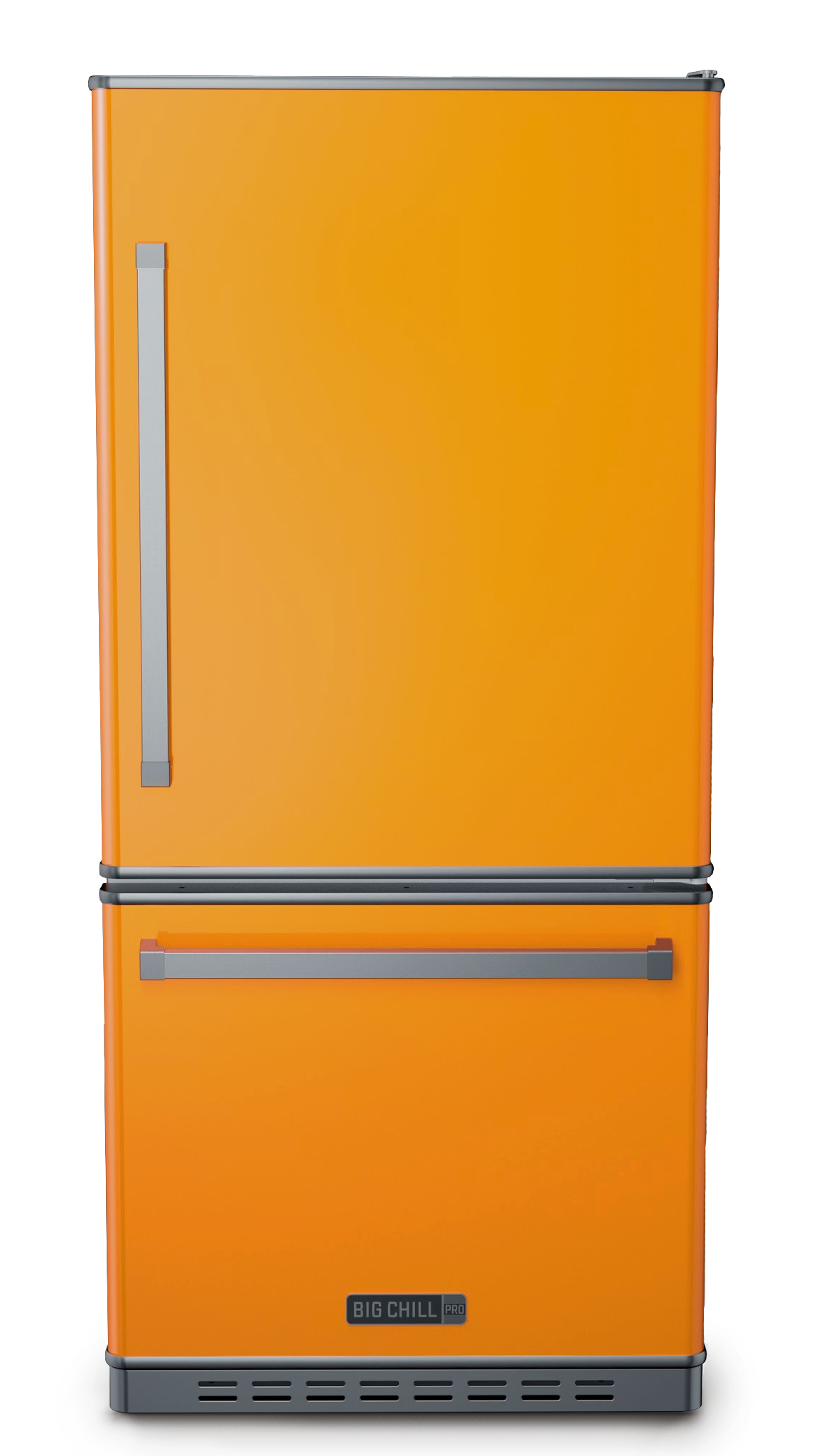 Bright Orange Retro Refrigerator With Chrome Handle PNG Illustration