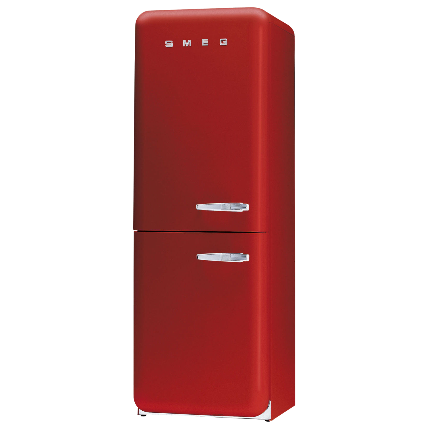 Bright Red Vintage Retro Refrigerator With Chrome Handle PNG Image