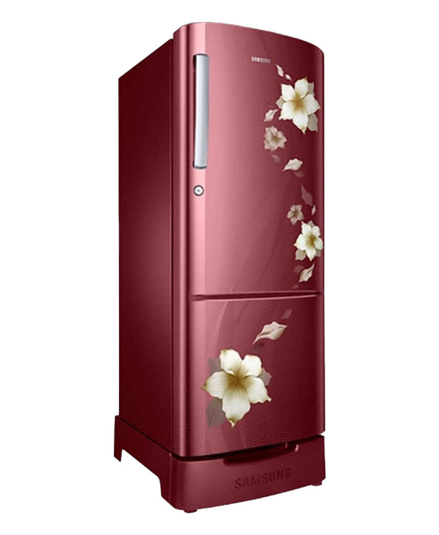 Burgundy Retro Refrigerator With White Flower Decals PNG Product Photo