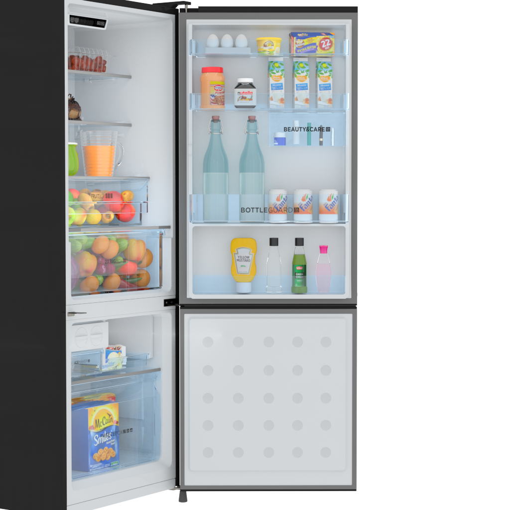 French Door Refrigerator Open With Colorful Food And Produce PNG Image