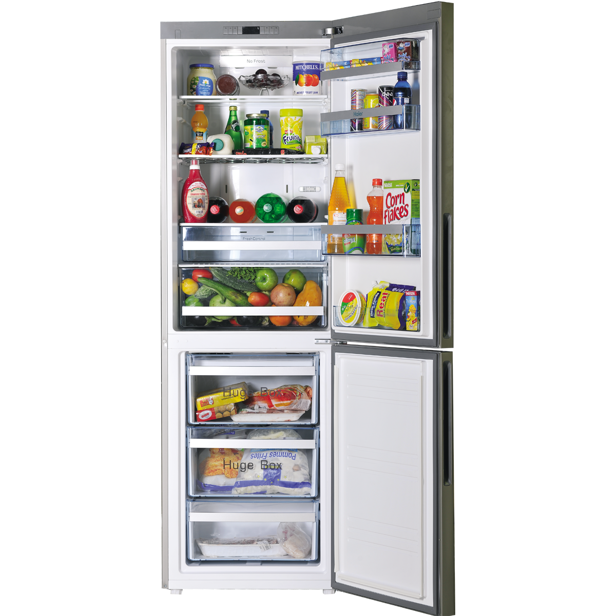 Large Open Side By Side Refrigerator Filled With Groceries PNG Product Image