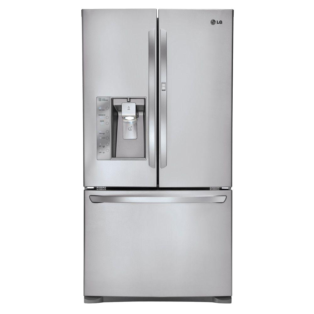 Modern Stainless French Door Refrigerator With External Water Dispenser PNG