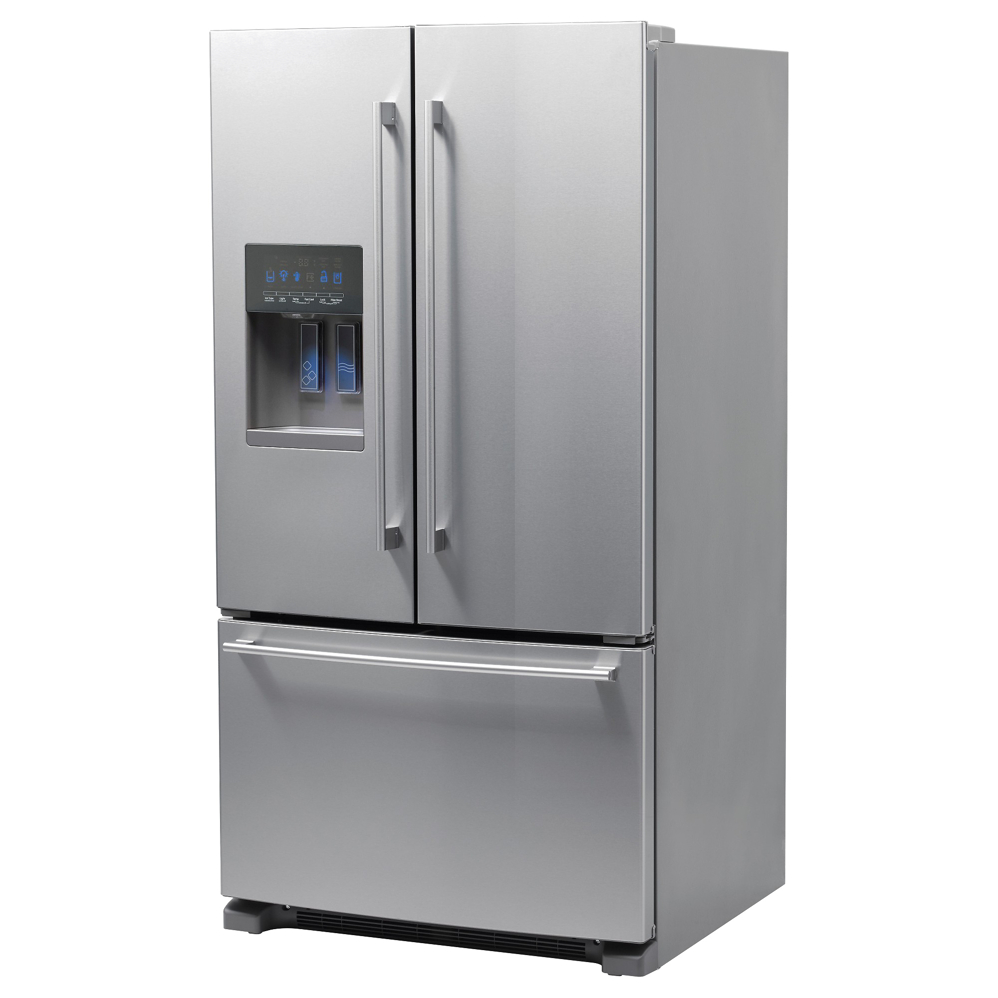 Modern Stainless Steel French Door Refrigerator With Bottom Freezer PNG
