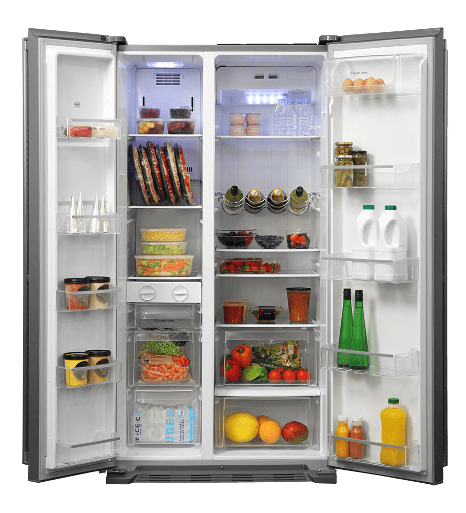 Open French Door Refrigerator With Organized Food And Beverage Shelves PNG