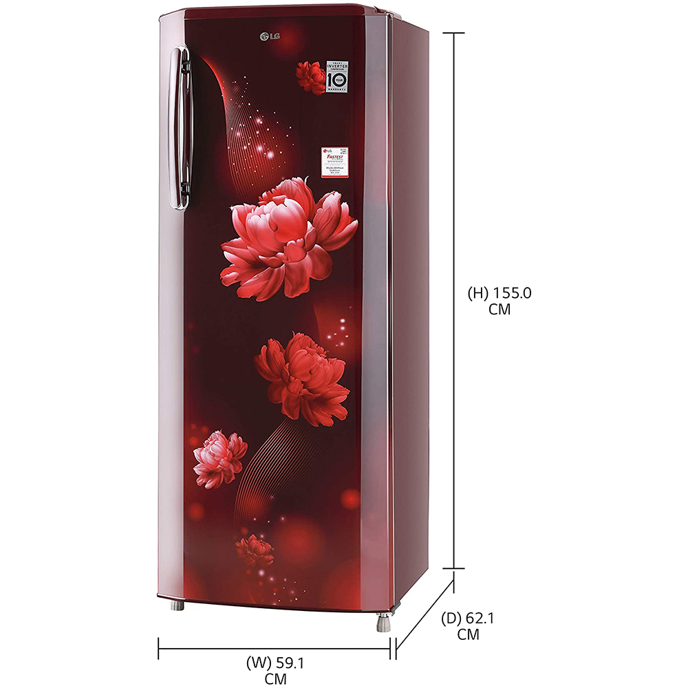 Red Floral Refrigerator Product Illustration With Size Dimensions PNG Graphic