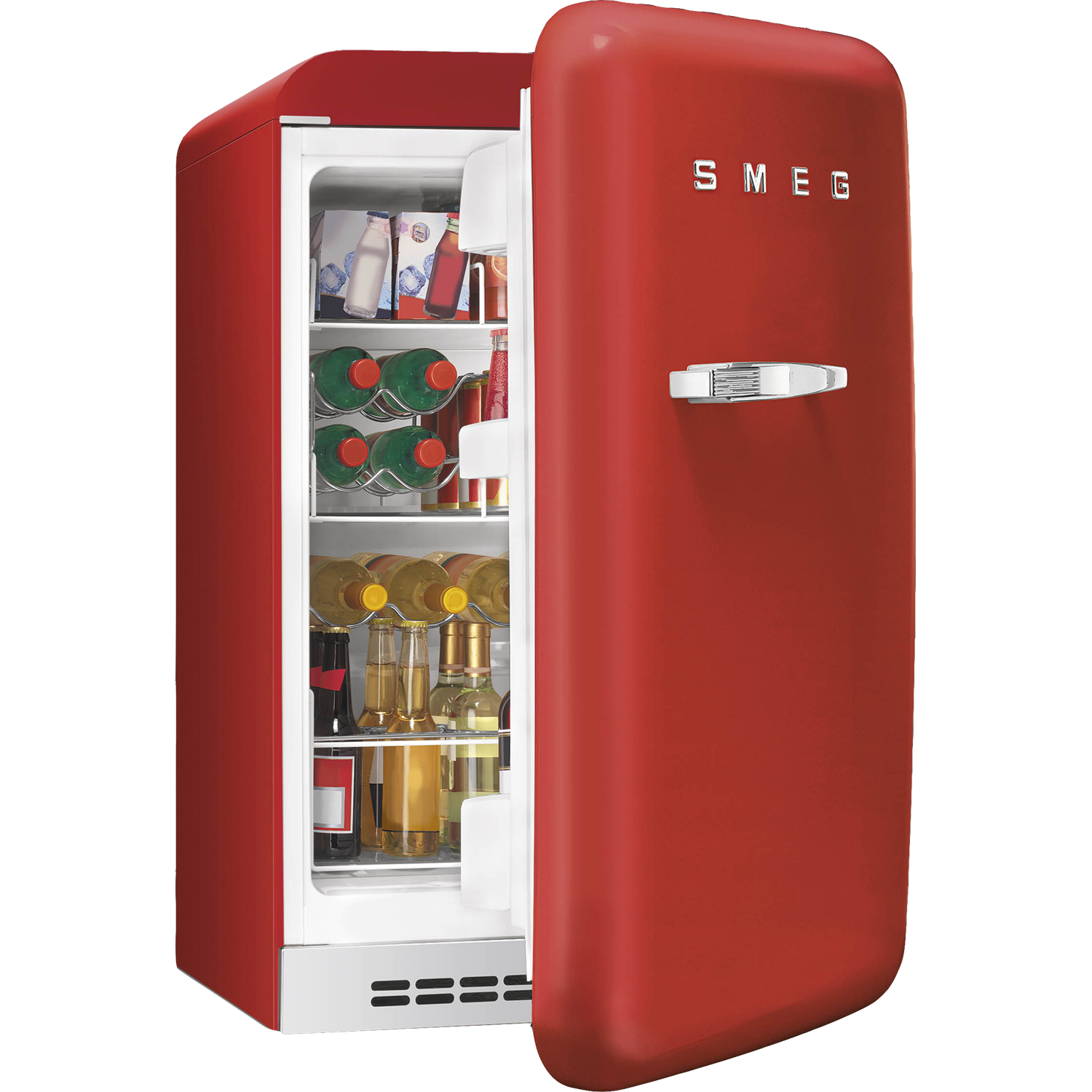 Red Retro Refrigerator With Open Door And Fully Stocked Interior PNG Image