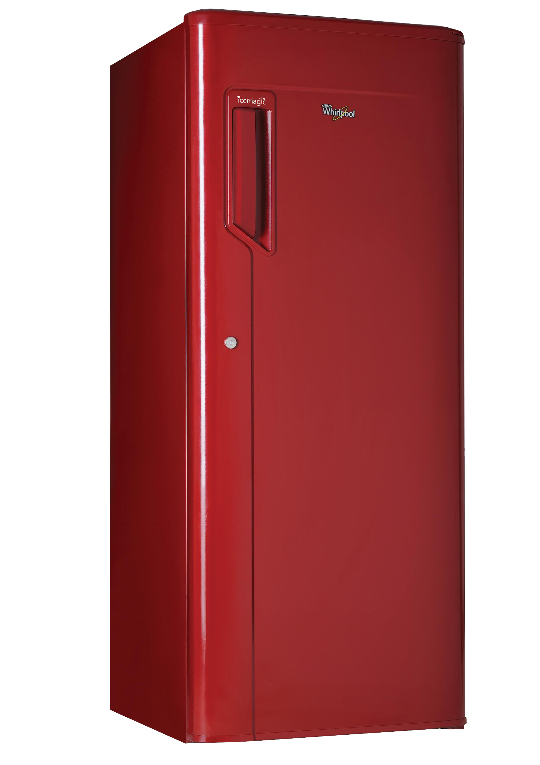 Red Retro Refrigerator With Rounded Cabinet And Chrome Pull Handle PNG